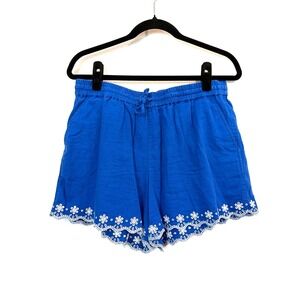 J.Crew Pull-On Shorts Linen Blend Blue Eyelet Hem Women's M Coastal Cottagecore